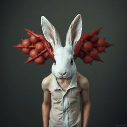 A surreal image featuring a creature with a white rabbit head grown on a human body