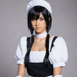 Soi Fon, the fierce warrior from Bleach, wearing an adorable maid outfit, while still embodying her typical serious expression and stealthy posture