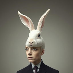 A surreal image featuring a creature with a white rabbit head grown on a human body