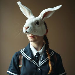 A surreal image featuring a creature with a white rabbit head grown on the body of a teenage young woman, who is wearing a school uniform