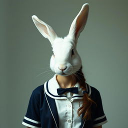 A surreal image featuring a creature with a white rabbit head grown on the body of a teenage young woman, who is wearing a school uniform