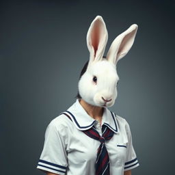 A surreal image featuring a creature with a white rabbit head grown on the body of a teenage young woman, who is wearing a school uniform