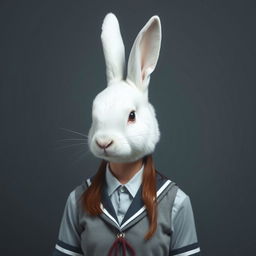 A surreal image featuring a creature with a white rabbit head grown on the body of a teenage young woman, who is wearing a school uniform