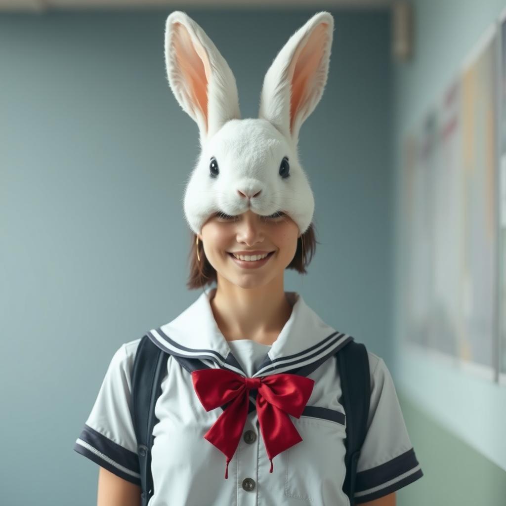 A picture of a creature with a white rabbit head grown on a human body