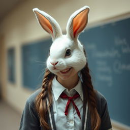 A picture of a creature with a white rabbit head grown on a human body