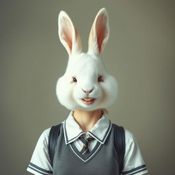 A picture of a creature with a white rabbit head grown on a human body