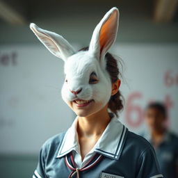 A picture of a creature with a white rabbit head grown on a human body