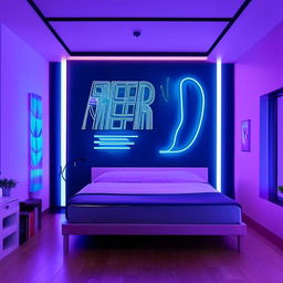 Modern bedroom with trendy and cool decor, featuring a neon sign, platform bed, graphic art on the walls, an array of mood lighting and high-tech furnishings.