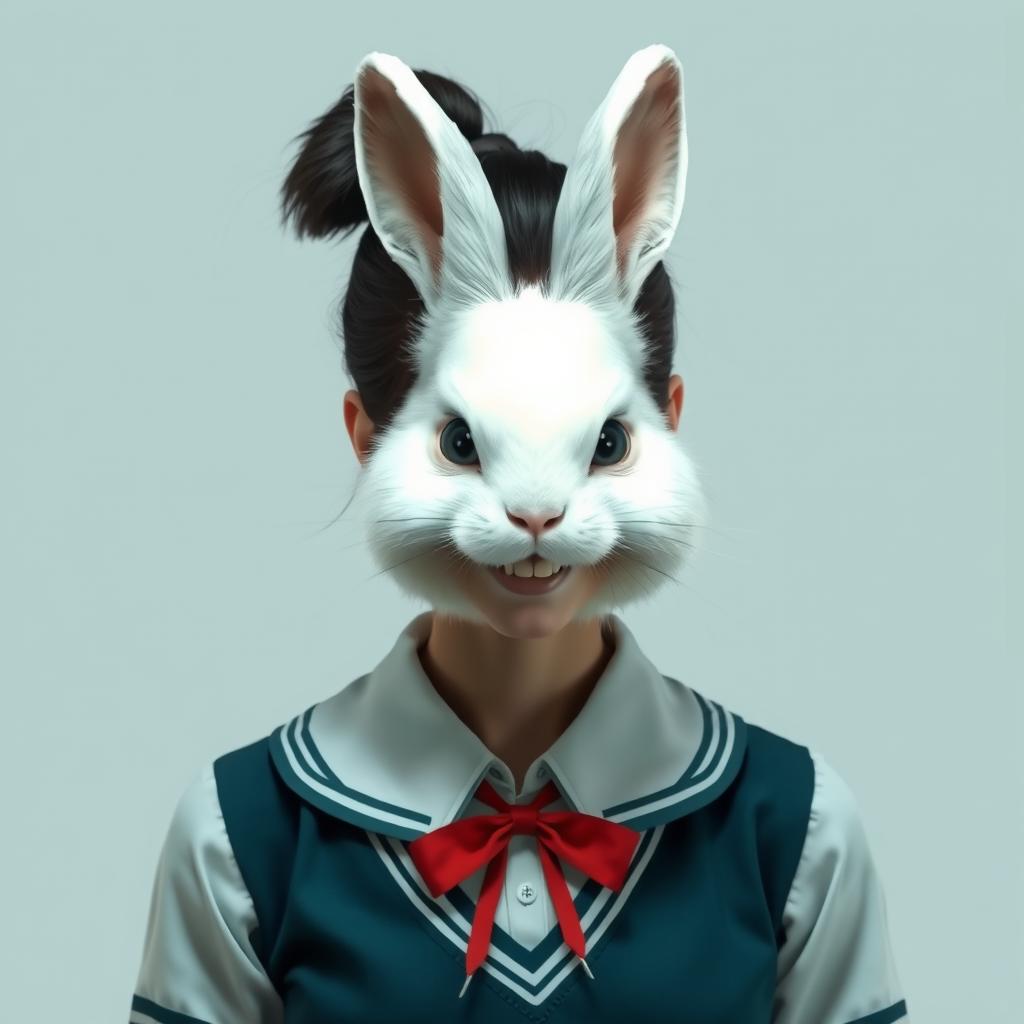 A picture of a creature with a white rabbit head grown on a human body