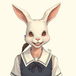 A picture of a creature with a white rabbit head grown on a human body