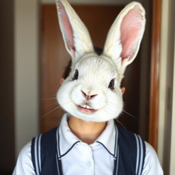 A picture of a creature with a white rabbit head grown on a human body