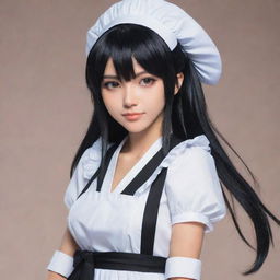 Anime style illustration of Soi Fon from 'Bleach', showcased in a cute yet functional maid outfit, preserving her dominant and authoritative presence