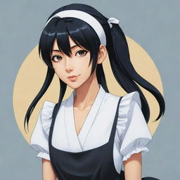 Anime style illustration of Soi Fon from 'Bleach', showcased in a cute yet functional maid outfit, preserving her dominant and authoritative presence