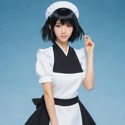 Anime style illustration of Soi Fon from 'Bleach', showcased in a cute yet functional maid outfit, preserving her dominant and authoritative presence