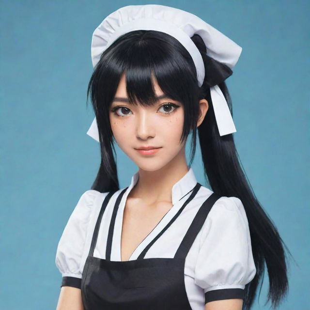 Anime style illustration of Soi Fon from 'Bleach', showcased in a cute yet functional maid outfit, preserving her dominant and authoritative presence