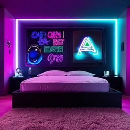 Modern bedroom with trendy and cool decor, featuring a neon sign, platform bed, graphic art on the walls, an array of mood lighting and high-tech furnishings.