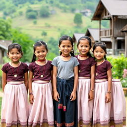 A group of young Myanmar girls wearing traditional petticoats, standing together and smiling