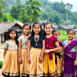 A group of young Myanmar girls wearing traditional petticoats, standing together and smiling