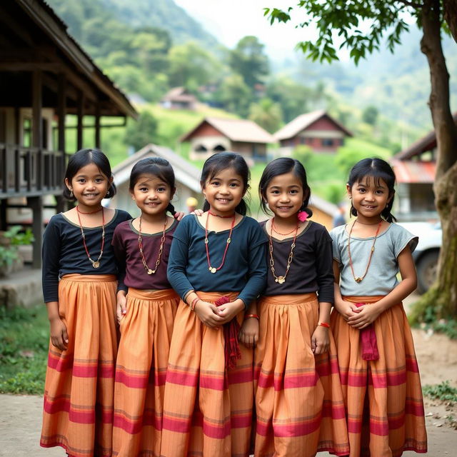 A group of young Myanmar girls wearing traditional petticoats, standing together and smiling