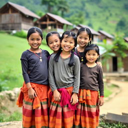 A group of young Myanmar girls wearing traditional petticoats, standing together and smiling