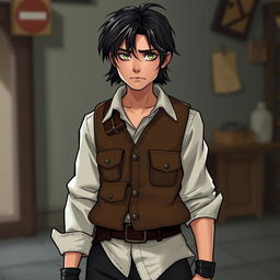 A character with dark chestnut, slightly disheveled medium-length hair falling on the forehead