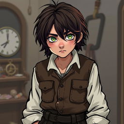 A character with dark chestnut, slightly disheveled medium-length hair falling on the forehead