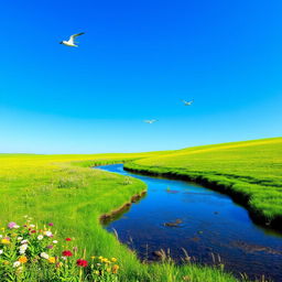 A serene landscape featuring a clear blue sky, a vibrant green meadow, and a gentle stream flowing through it