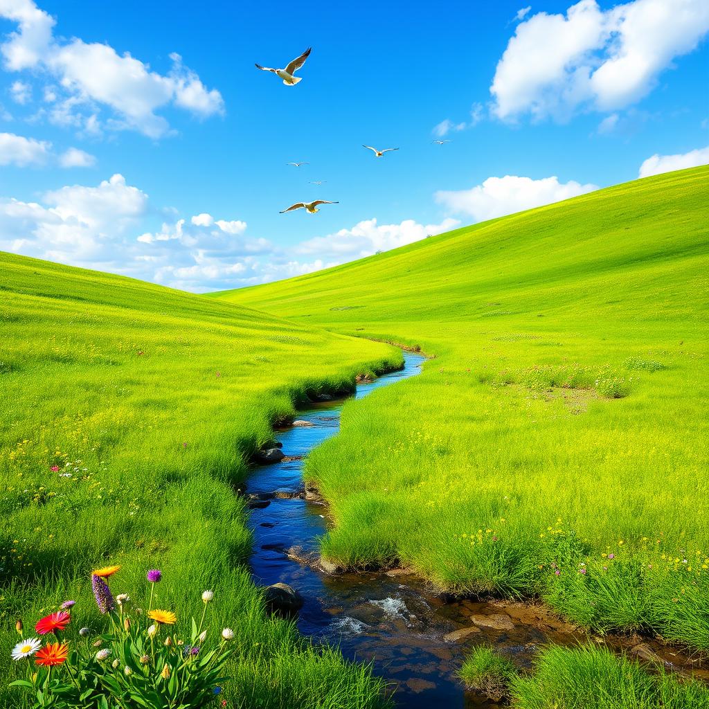 A serene landscape featuring a clear blue sky, a vibrant green meadow, and a gentle stream flowing through it