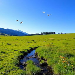 A serene landscape featuring a clear blue sky, a vibrant green meadow, and a gentle stream flowing through it