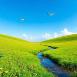 A serene landscape featuring a clear blue sky, a vibrant green meadow, and a gentle stream flowing through it