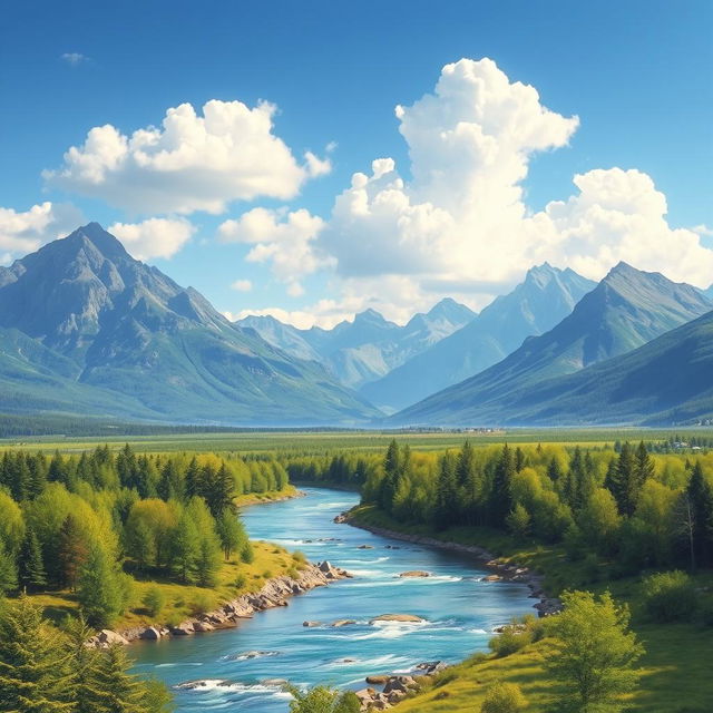 A beautiful landscape with mountains, a river flowing through a forest, and a clear blue sky with a few fluffy clouds