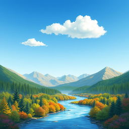 A beautiful landscape with mountains, a river flowing through a forest, and a clear blue sky with a few fluffy clouds