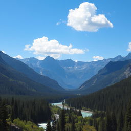 A beautiful landscape with mountains, a river flowing through a forest, and a clear blue sky with a few fluffy clouds