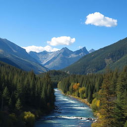 A beautiful landscape with mountains, a river flowing through a forest, and a clear blue sky with a few fluffy clouds