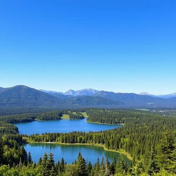 A beautiful landscape featuring a serene lake surrounded by lush green forests and mountains in the background under a clear blue sky