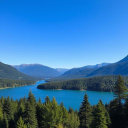 A beautiful landscape featuring a serene lake surrounded by lush green forests and mountains in the background under a clear blue sky