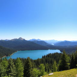 A beautiful landscape featuring a serene lake surrounded by lush green forests and mountains in the background under a clear blue sky