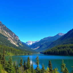 A beautiful landscape featuring a serene lake surrounded by lush green forests and mountains in the background under a clear blue sky