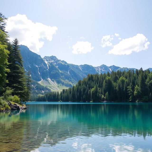 Create an image of a serene landscape featuring a clear blue lake surrounded by lush green trees and mountains in the background under a bright sky with a few fluffy clouds