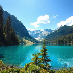 Create an image of a serene landscape featuring a clear blue lake surrounded by lush green trees and mountains in the background under a bright sky with a few fluffy clouds