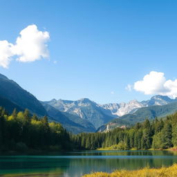 Create an image of a serene landscape featuring a clear blue lake surrounded by lush green trees and mountains in the background under a bright sky with a few fluffy clouds