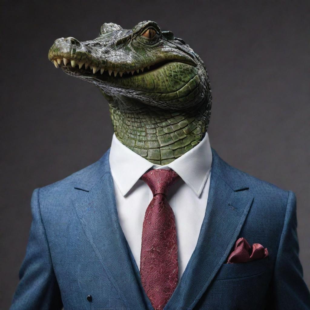 Ultra realistic crocodile dressed in a sharp, perfectly tailored suit