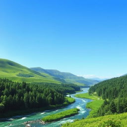 A serene landscape featuring a clear blue sky, rolling green hills, and a sparkling river flowing through a lush forest