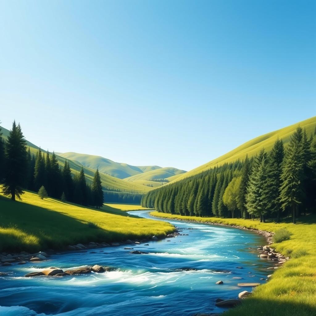 A serene landscape featuring a clear blue sky, rolling green hills, and a sparkling river flowing through a lush forest