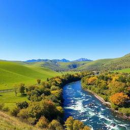 A serene landscape featuring a clear blue sky, rolling green hills, and a sparkling river flowing through a lush forest