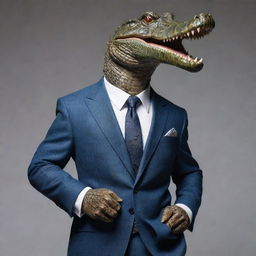 Ultra realistic crocodile dressed in a sharp, perfectly tailored suit