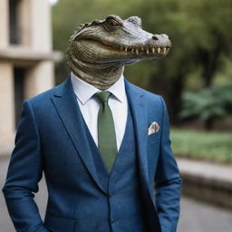 Ultra realistic crocodile dressed in a sharp, perfectly tailored suit