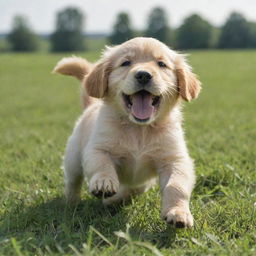 A playful and joyful golden retriever puppy rolling in a lush green field under a sunlit blue sky