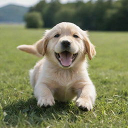 A playful and joyful golden retriever puppy rolling in a lush green field under a sunlit blue sky