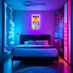 Modern bedroom with trendy and cool decor, featuring a neon sign, platform bed, graphic art on the walls, an array of mood lighting and high-tech furnishings.